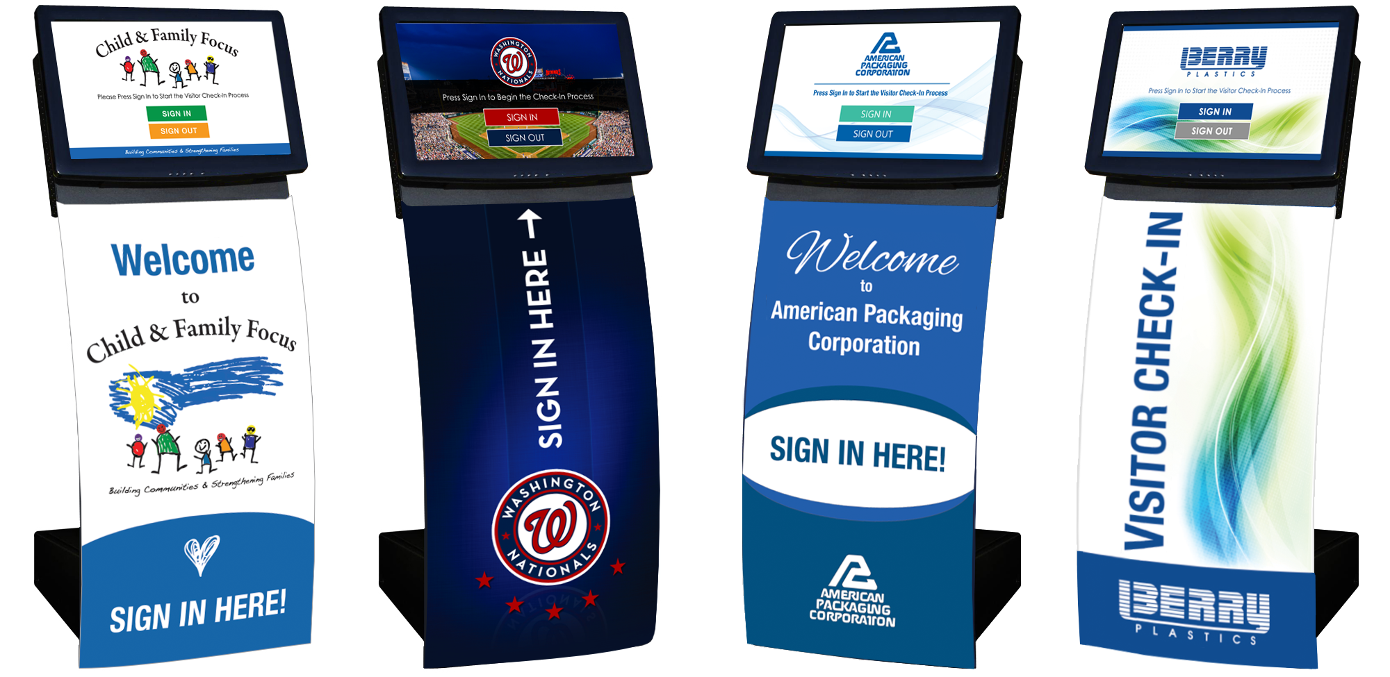 Modern, curved visitor management self check-in kiosks