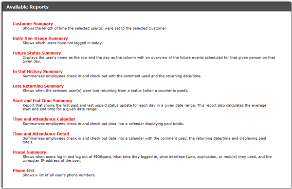 Inn Out Status Reports