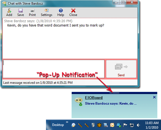EIOBoard In Out Board Chat Window with Pop-Up