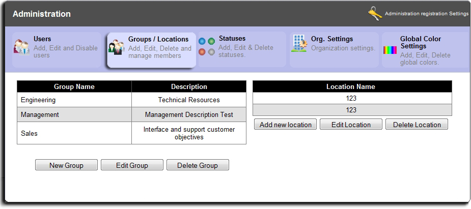 EIOBoard In Out Board Browser Administration Groups and Locations