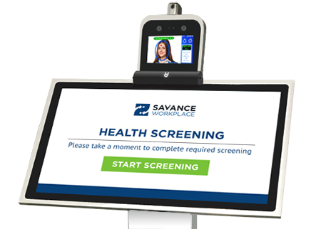 kiosk with COVID-19 screening questions and temperature scanner