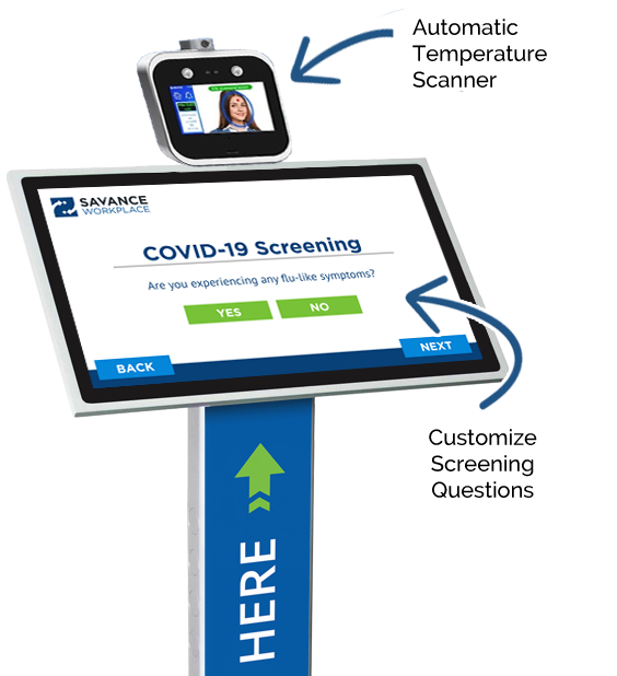 Custom COVID-19 screening questions and automatic temperature scanning