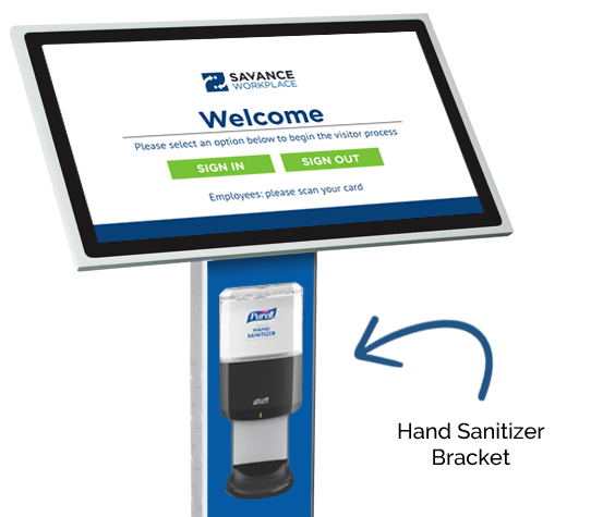 Hand sanitizer bracket for visitor management or staff check-in kiosk