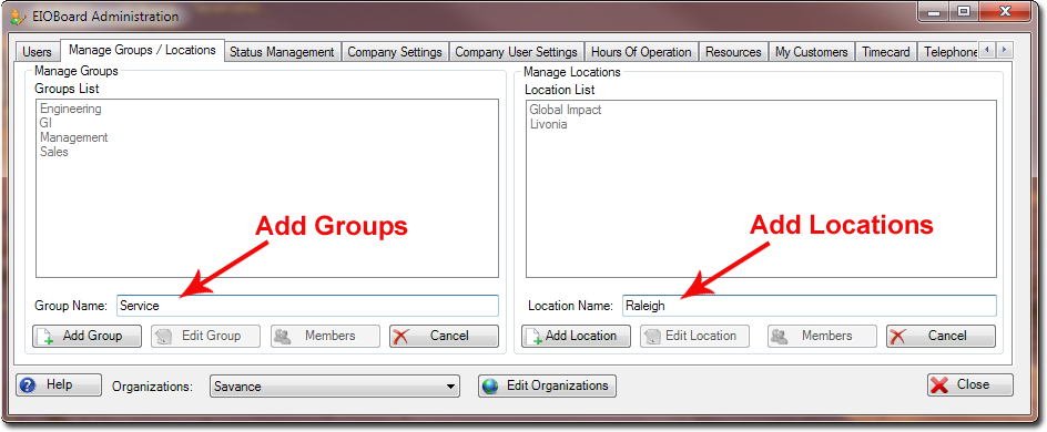 MNage Groups and Locations