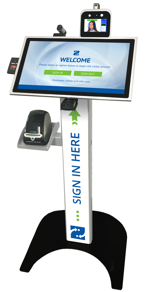 Visitor Management Kiosk with Temperature Scanner, Camera, Label Printer & Barcode Scanner